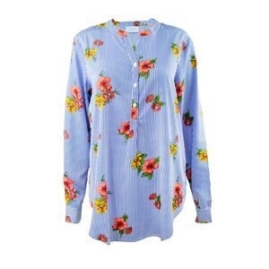 Skyline Collection Women's Long Sleeve Henley Blouse in Striped Floral, 2XL